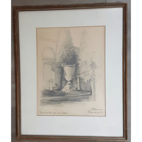 Original artist signed drawing Rome Italy sculpture in pencil 1953 framed - Picture 1 of 6